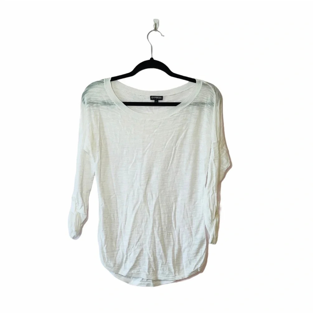 Express White Semi-Sheer 3/4 Tabbed Sleeve Round Hem Crewneck Top Small Women’s